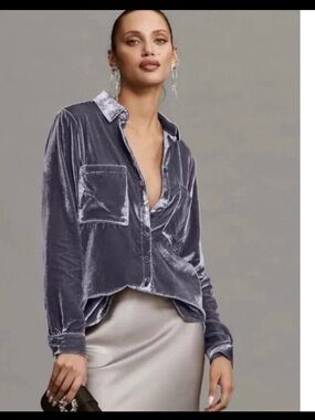 Pilcro Velvet Button-Down Shirt - Silver Gray